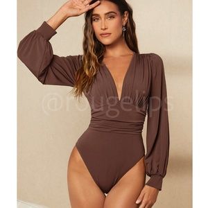 Brown Elegant V neck Bodysuit Long Bishop Sleeves Stretchy Ruched Waist